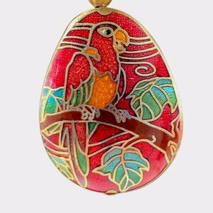 Vintage Red Tone Cloisonne Parrot On Branch Statement Pendant Necklace Bird